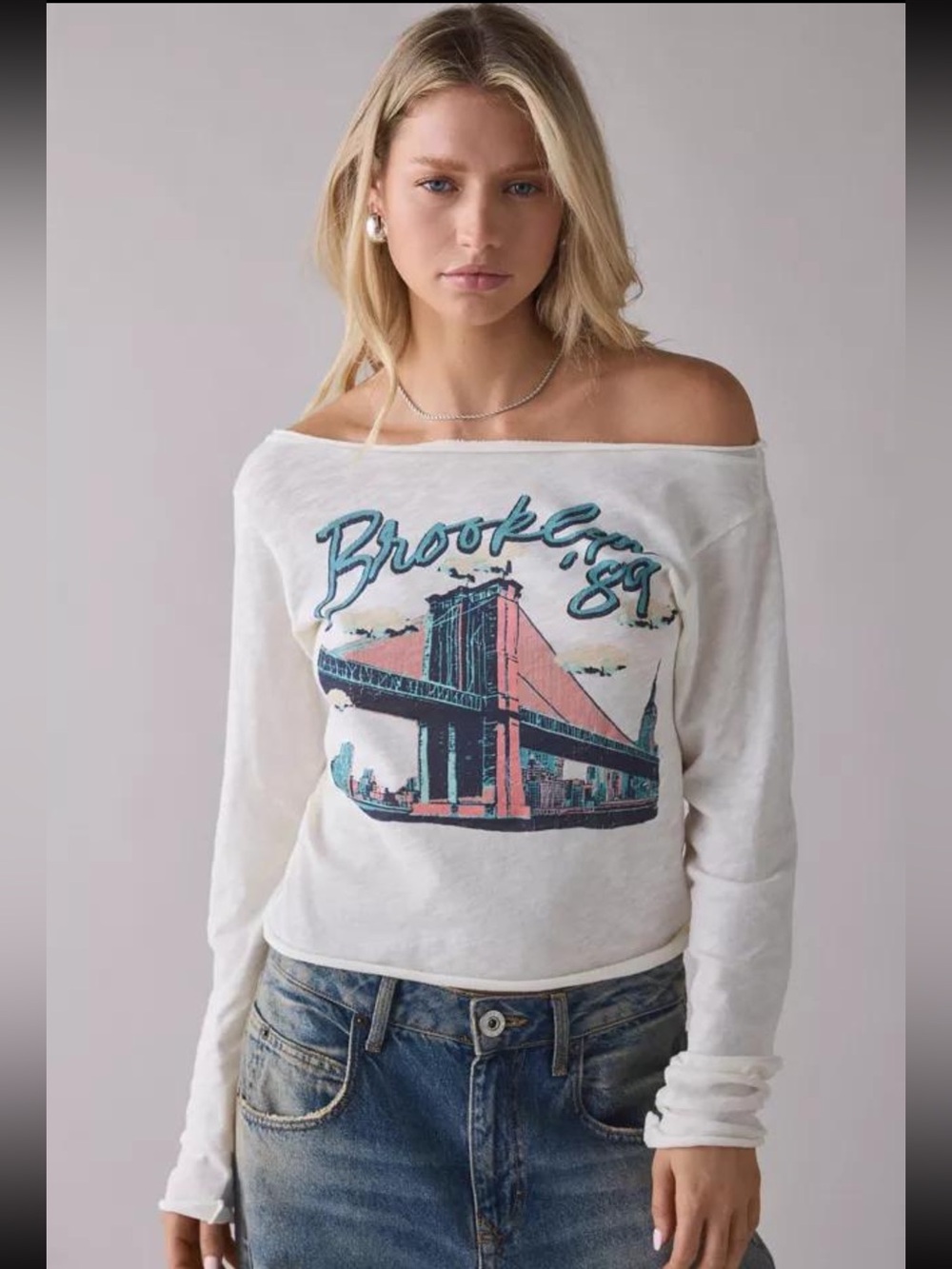 Urban Outfitters Brooklyn ’89 Graphic Long Sleeve Off Shoulder Tee